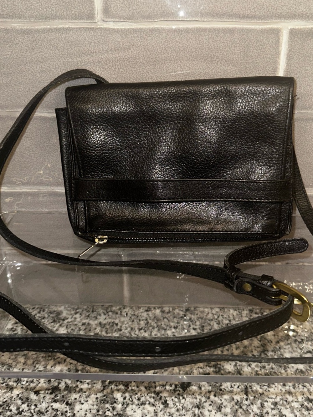 JP Ourse & CIE Crossbody Bag Mini Fold Over Black Leather Adjustable Strap Purse